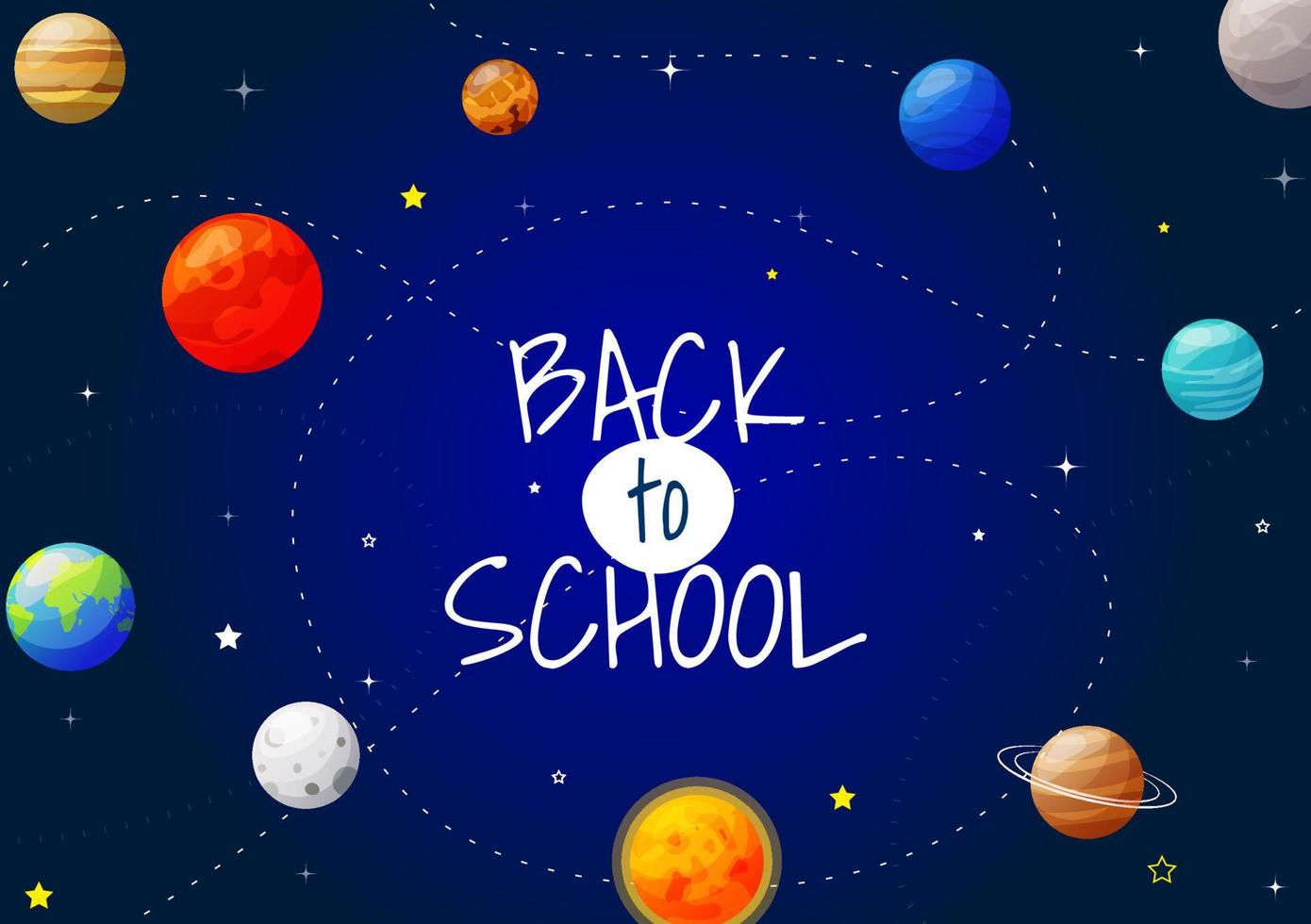 poster di ritorno a scuola per bambini con rosket, pianeti del sistema solare e linee sullo sfondo. illustrazione vettoriale dei cartoni animati