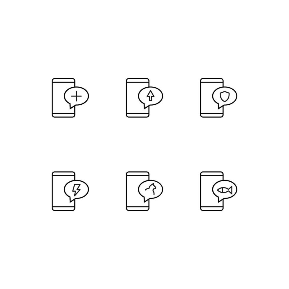 simbolo di contorno in stile piatto moderno adatto per pubblicità, libri, negozi. icona della linea impostata con icone di più, freccia, scudo, fulmine, gatto, pesce all'interno della bolla sul telefono vettore