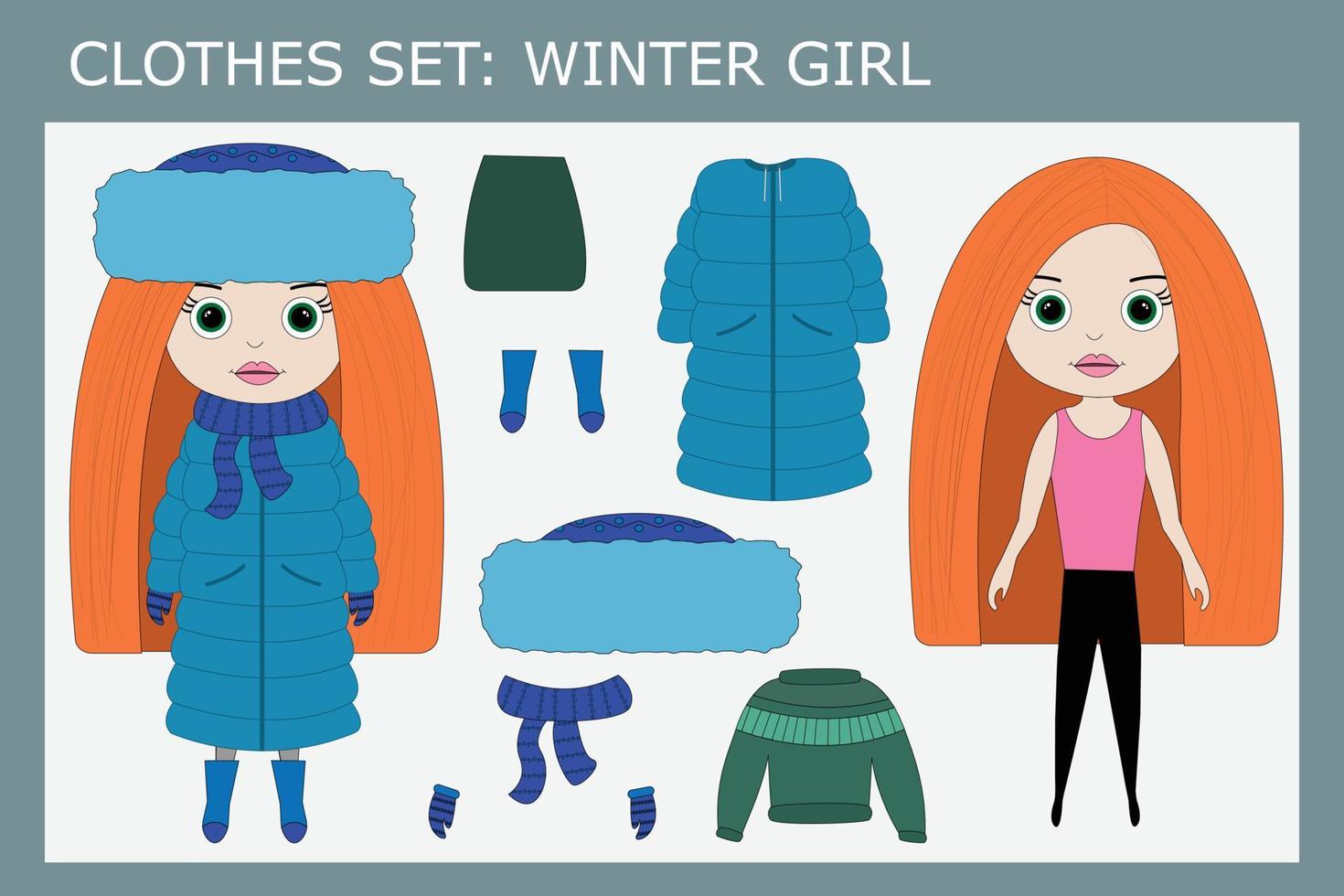 un set di vestiti per una bella bambina per l'inverno vettore