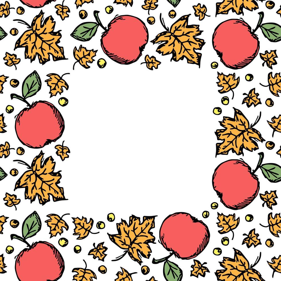 sfondo di mele rosse e foglie d'acero con posto per testo. modello autunnale senza cuciture con mele e foglie. modello di mela vettore