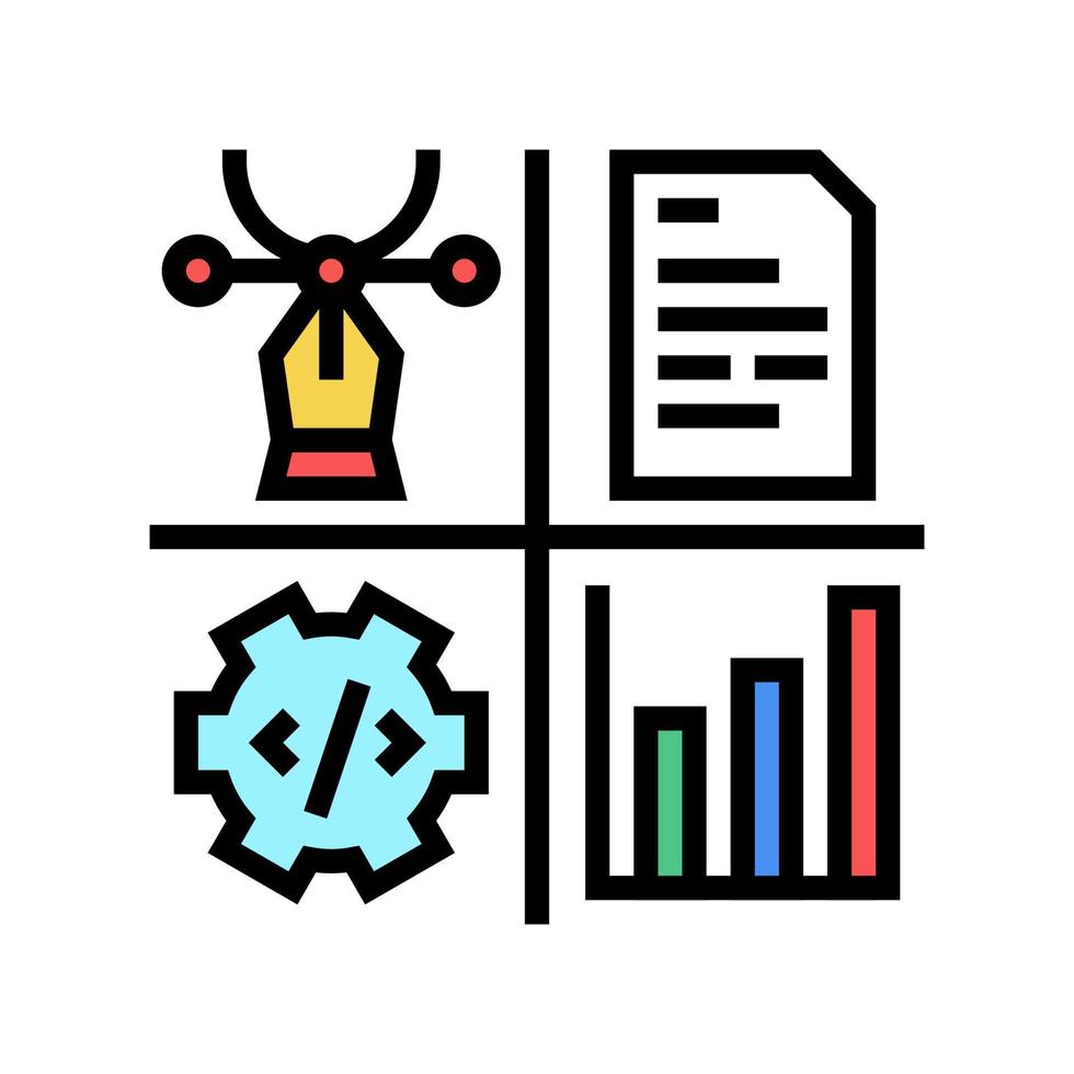 illustrazione vettoriale dell'icona del colore del lavoro di progettazione, programmazione, gestione dei contenuti e analisi