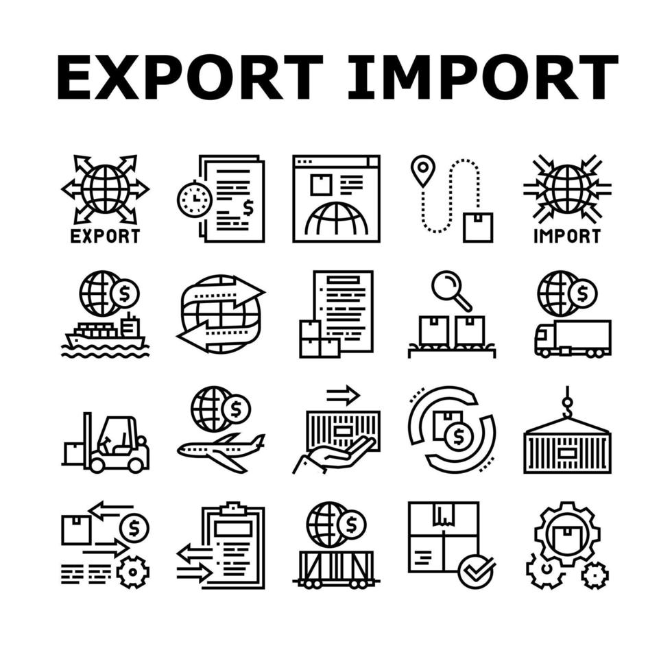 esportazione importazione logistica raccolta icone set vettoriale
