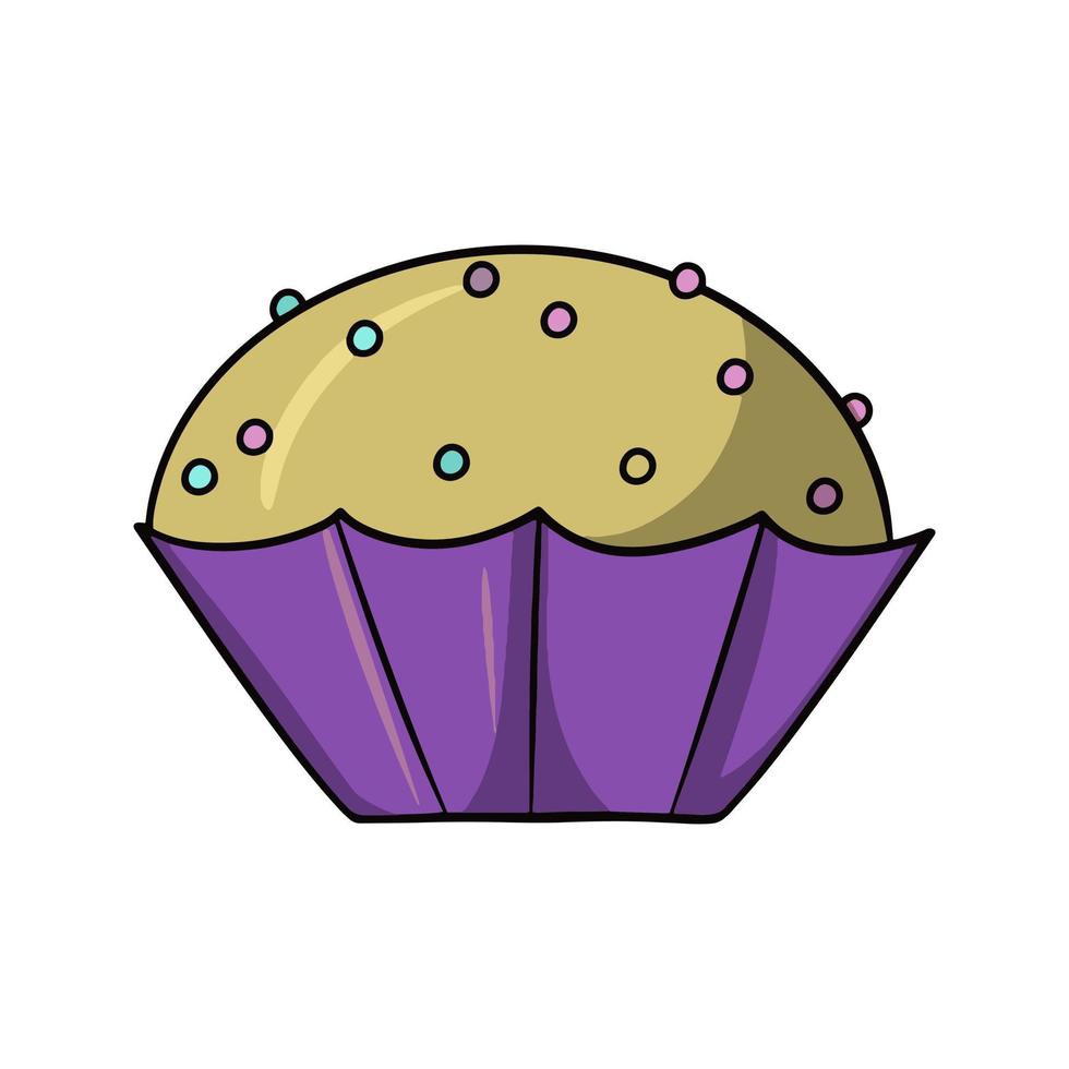 Cupcake rotondo con briciole di zucchero rotonde multicolori in una tazza lilla, illustrazione vettoriale in stile cartone animato su sfondo bianco
