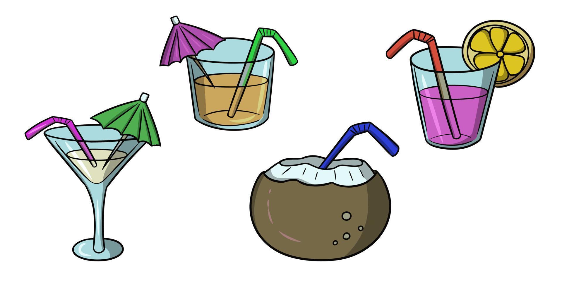 una serie di immagini, bevande esotiche in bicchieri di vetro, succo di cocco con una cannuccia, illustrazione vettoriale in stile cartone animato su sfondo bianco