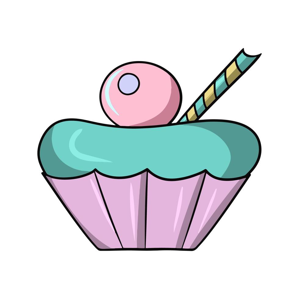 delizioso cupcake azzurro con crema delicata, con decorazioni di zucchero, illustrazione vettoriale in stile cartone animato su sfondo bianco