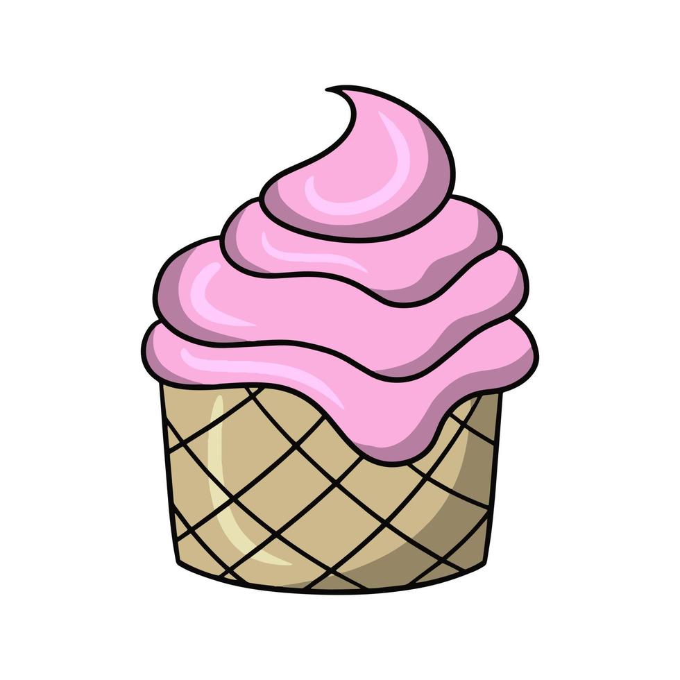 Cupcake rosa delizioso con crema delicata, illustrazione vettoriale in stile cartone animato su sfondo bianco