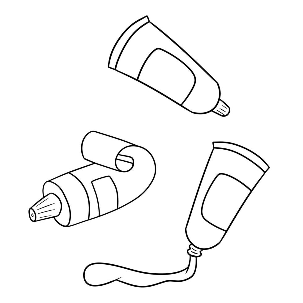 una serie di immagini monocromatiche, diversi tubetti di colori, dentifricio, crema per le mani e per il viso. illustrazione vettoriale in stile cartone animato su sfondo bianco