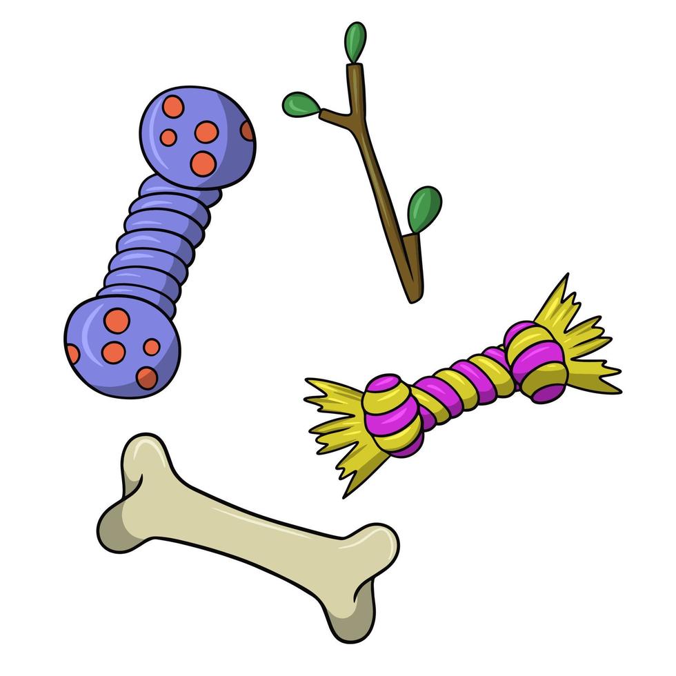 un set di icone e adesivi, giocattoli interessanti per cani, illustrazione vettoriale in stile cartone animato su sfondo bianco