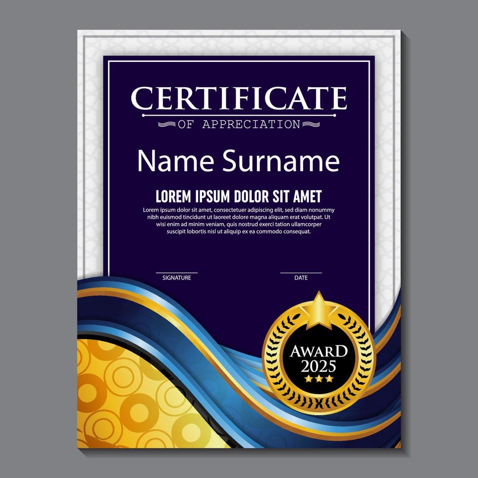 certificato modello premio, colore oro e sfumatura blu. contiene un certificato moderno con un badge d'oro vettore