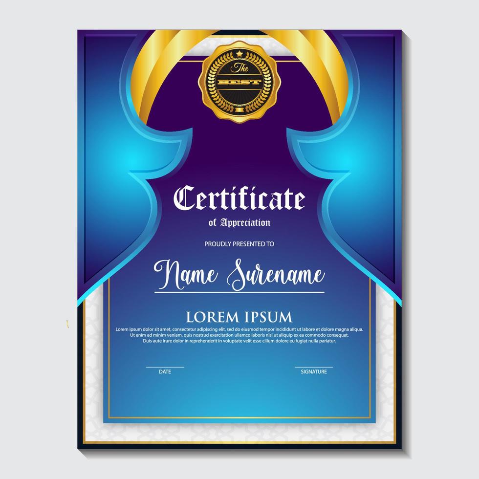 modello di certificato di colore blu e oro. certificato di conseguimento con badge d'oro vettore