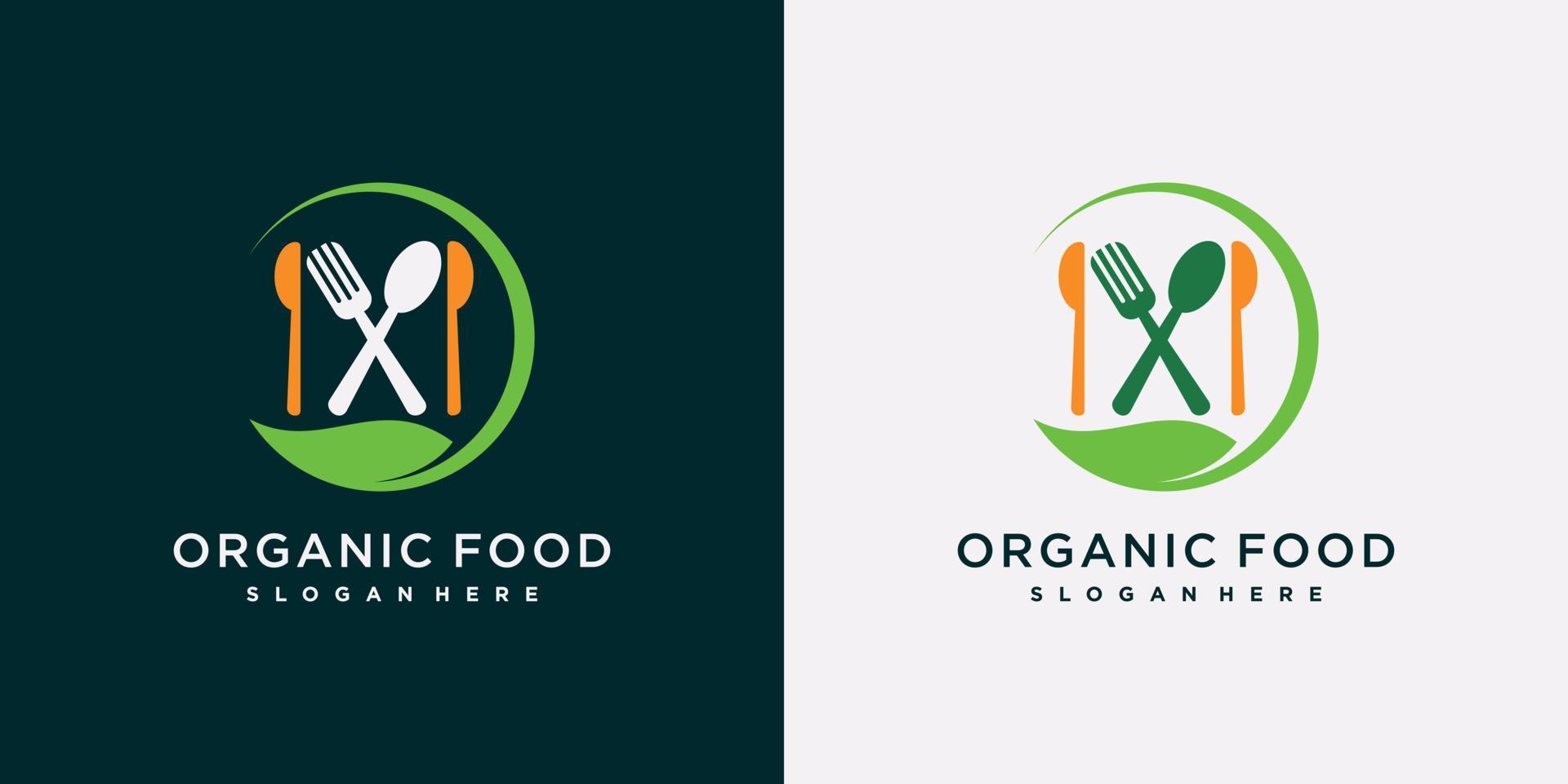 modello di progettazione di logo per alimenti biologici per icona di cibo fresco naturale con elemento cucchiaio, forchetta e foglia vettore