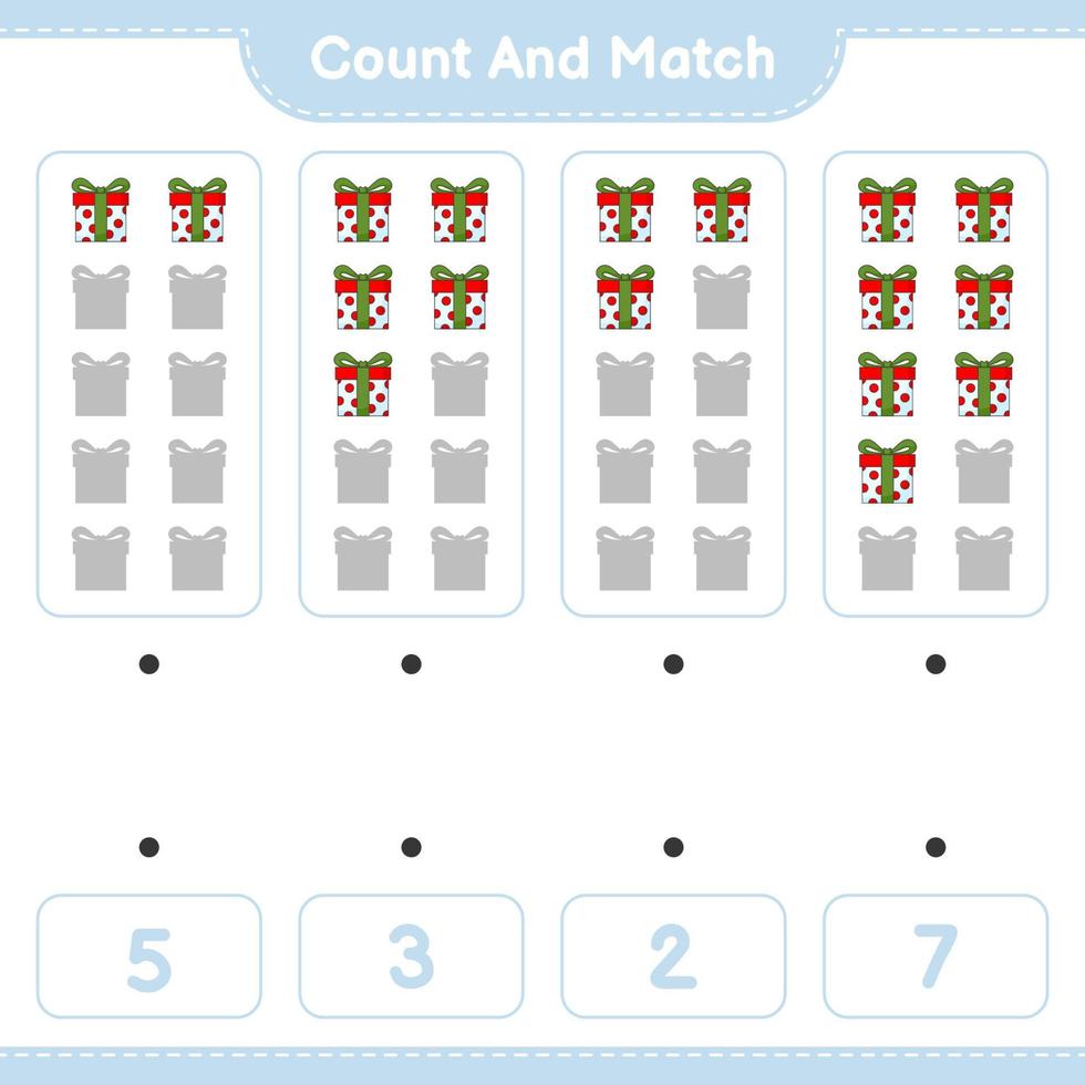 conta e abbina, conta il numero di confezioni regalo e abbina i numeri giusti. gioco educativo per bambini, foglio di lavoro stampabile, illustrazione vettoriale