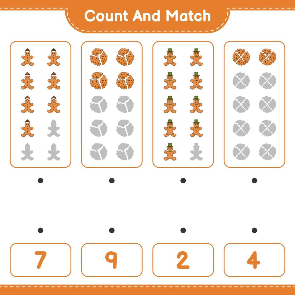 conta e abbina, conta il numero di biscotti, omino di pan di zenzero e abbina con i numeri giusti. gioco educativo per bambini, foglio di lavoro stampabile, illustrazione vettoriale