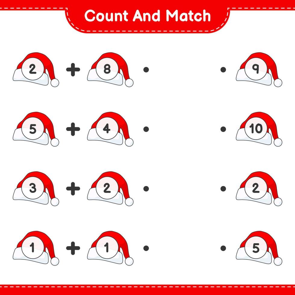 contare e abbinare, contare il numero di cappello di Babbo Natale e abbinare con i numeri giusti. gioco educativo per bambini, foglio di lavoro stampabile, illustrazione vettoriale