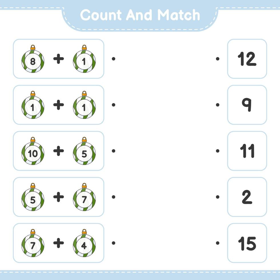 conta e abbina, conta il numero di palline di Natale e abbina i numeri giusti. gioco educativo per bambini, foglio di lavoro stampabile, illustrazione vettoriale