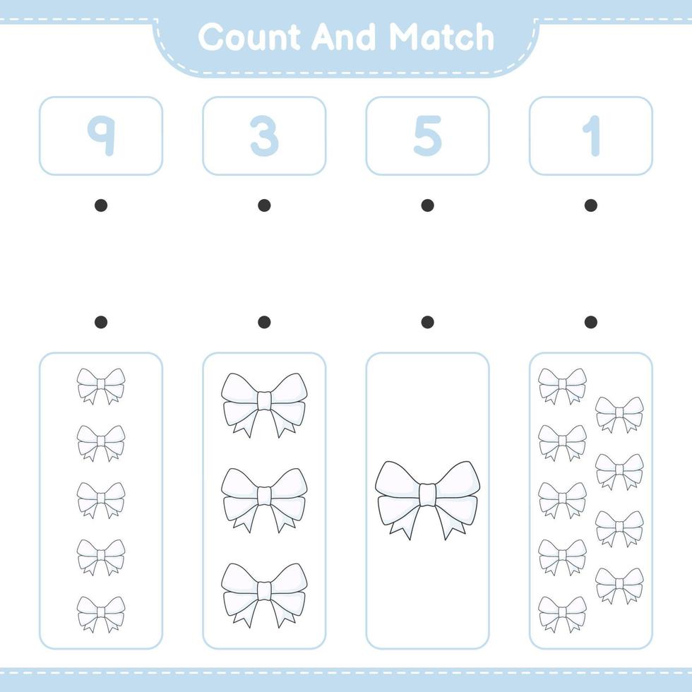 conta e abbina, conta il numero di nastri e abbina i numeri giusti. gioco educativo per bambini, foglio di lavoro stampabile, illustrazione vettoriale