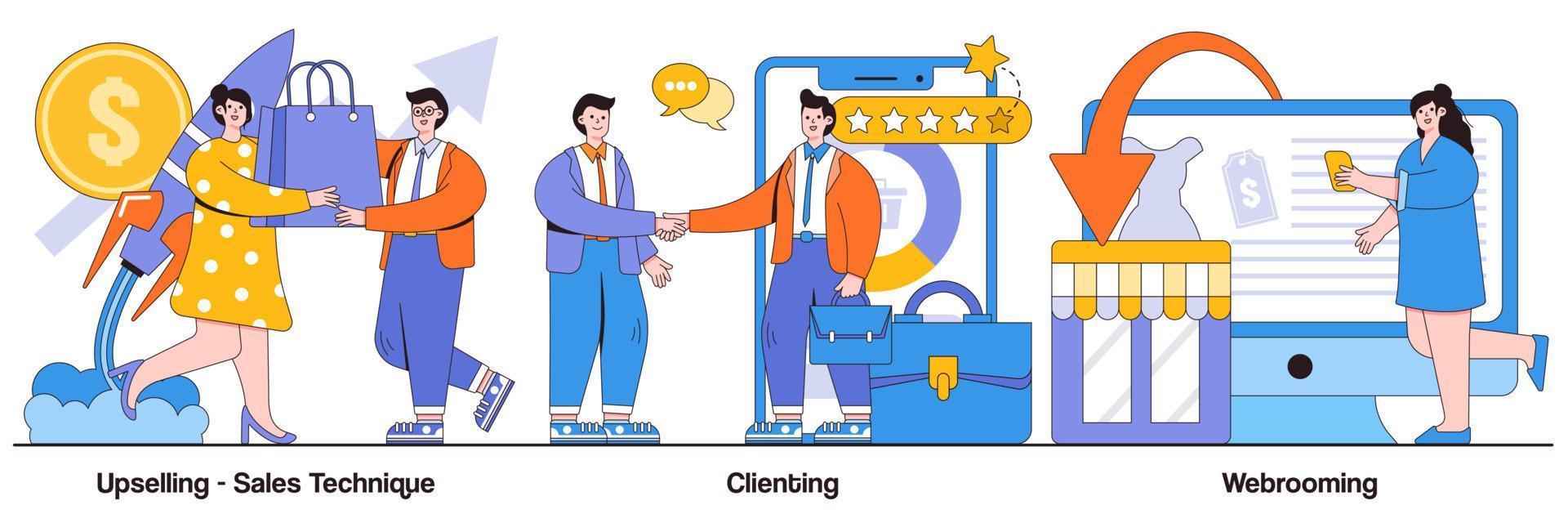 Pacchetto illustrato di tecniche di vendita upselling, clienti e webrooming vettore