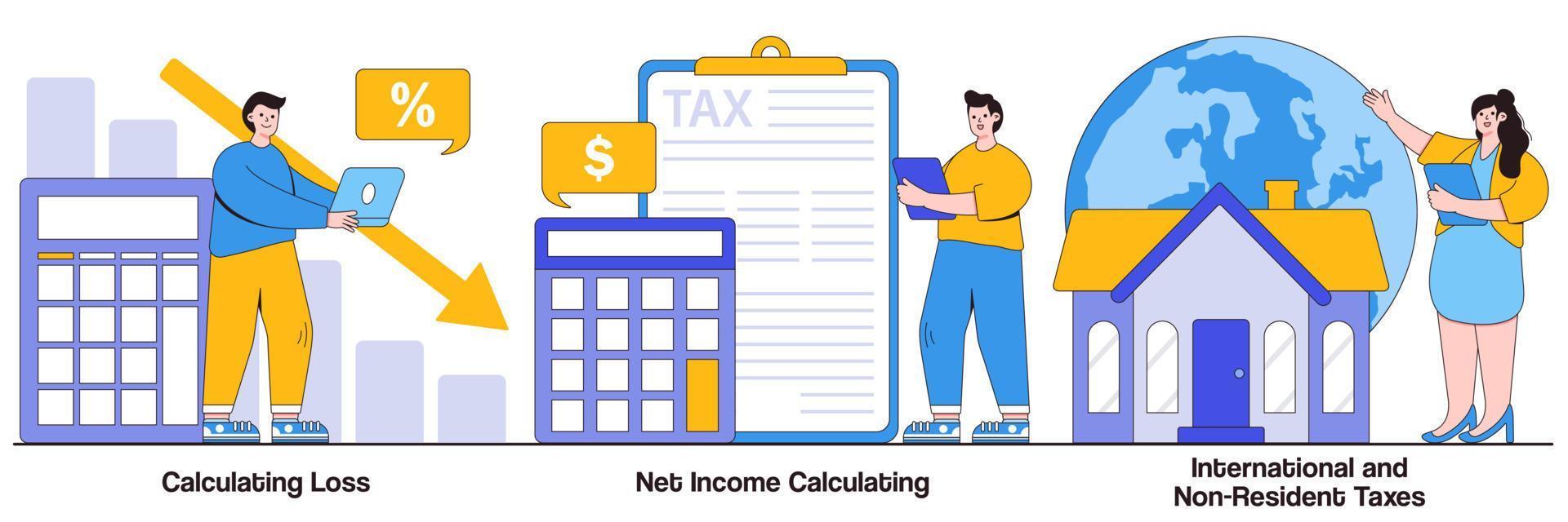 calcolo della perdita, calcolo del reddito netto, concetto di tasse internazionali e non residenti con persone minuscole. insieme di illustrazioni vettoriali astratte per profitti e perdite aziendali