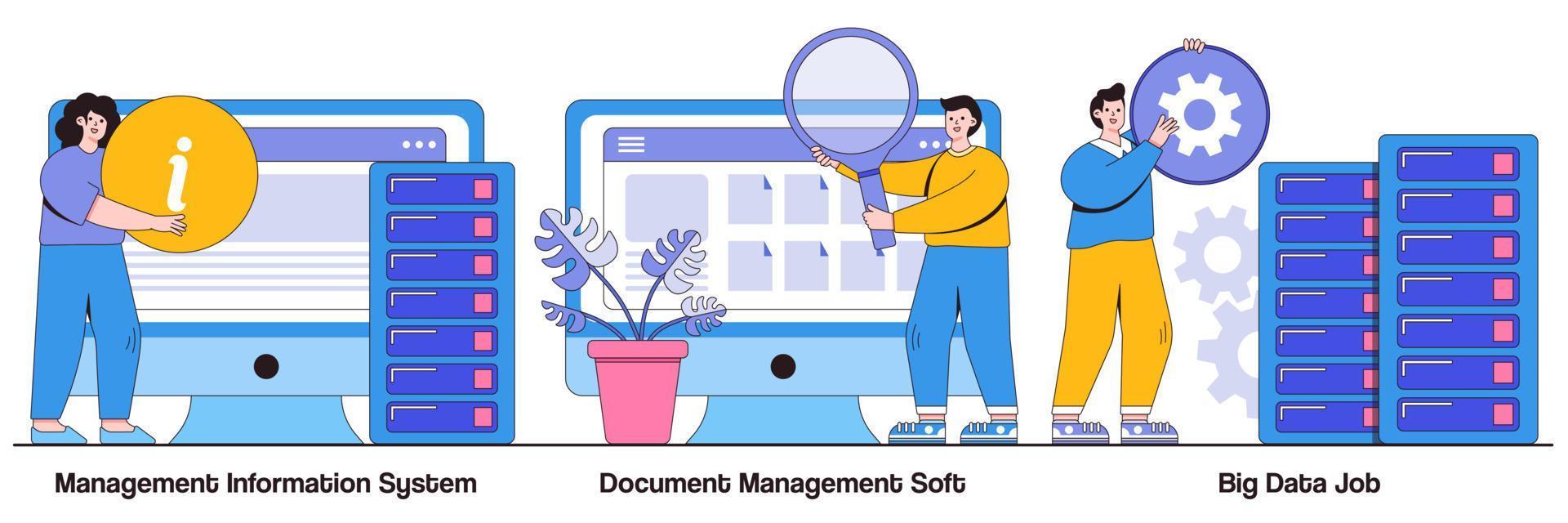 sistema informativo di gestione, gestione dei documenti soft, concetto di lavoro di big data con persone minuscole. insieme di illustrazioni vettoriali per la raccolta e l'analisi delle informazioni. condivisione online, metafora della visualizzazione