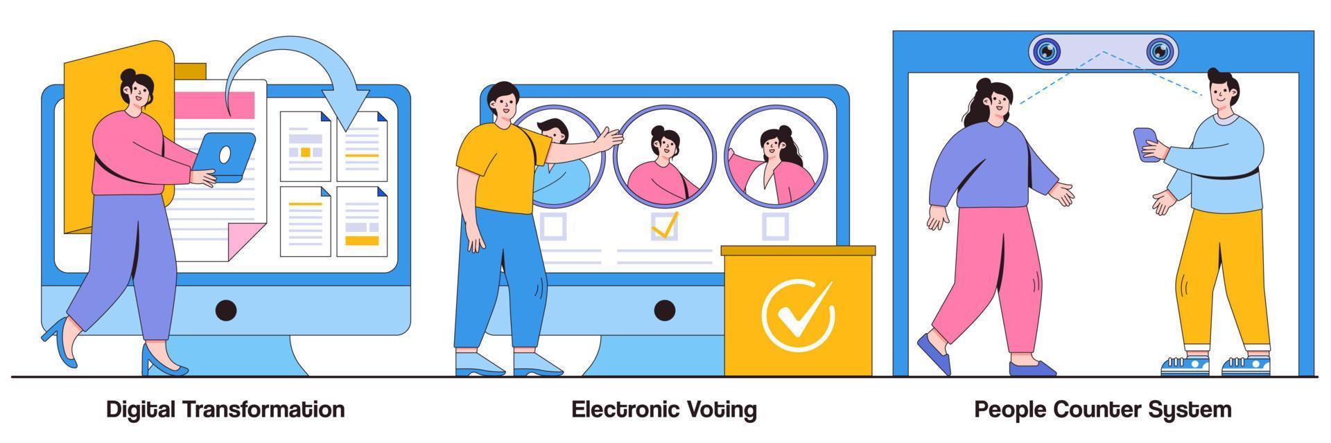 pacchetto illustrato di trasformazione digitale, voto elettronico e contatore di persone vettore