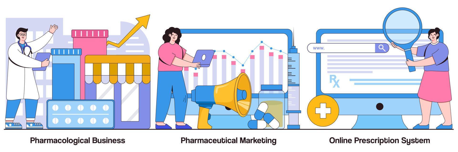 Pacchetto illustrato per attività di farmacologia, marketing farmaceutico e sistema di prescrizione online vettore