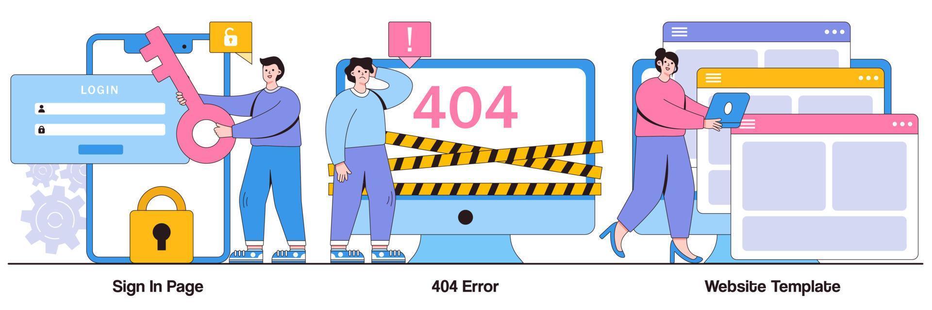 pagina di accesso, errore 404, concetto di modello di sito Web con carattere di persone. insieme dell'illustrazione di vettore dell'interfaccia della pagina del sito Web. modulo di accesso utente, interfaccia utente, registrazione nuovo account, pagina di destinazione, web design