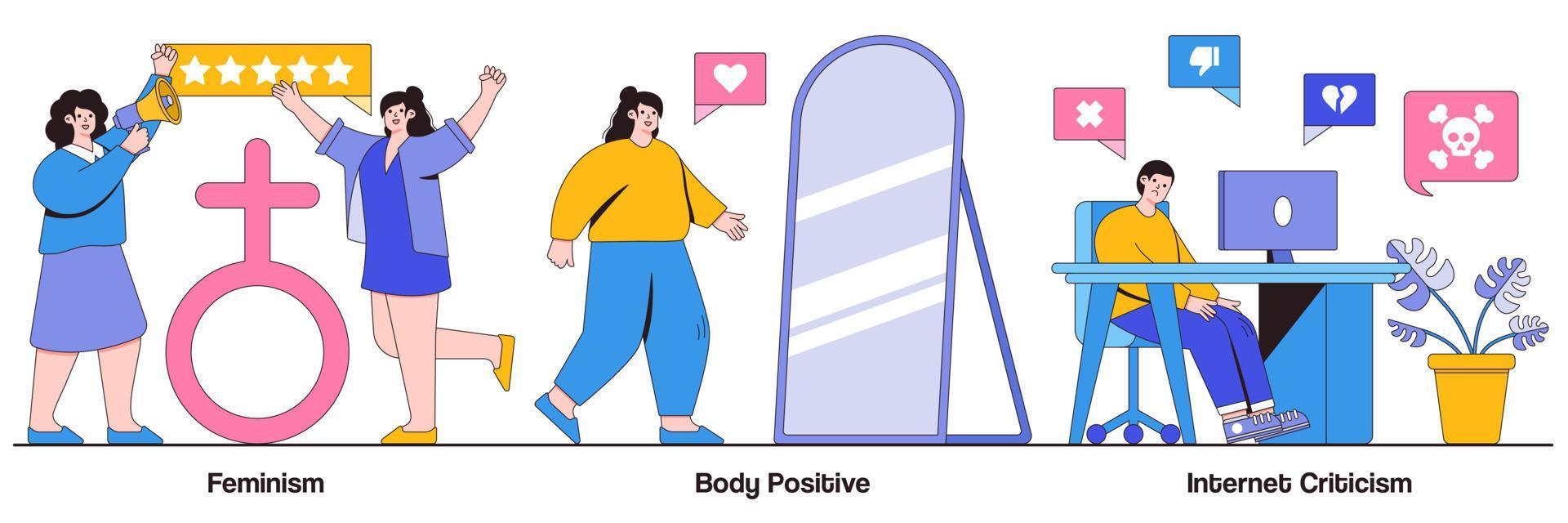 femminismo, corpo positivo, concetto di critica su Internet con persone minuscole. insieme di illustrazioni vettoriali astratte di attivismo sociale. girl power, uguaglianza di genere, promozione del marchio plus size, metafora del messaggio dei troll