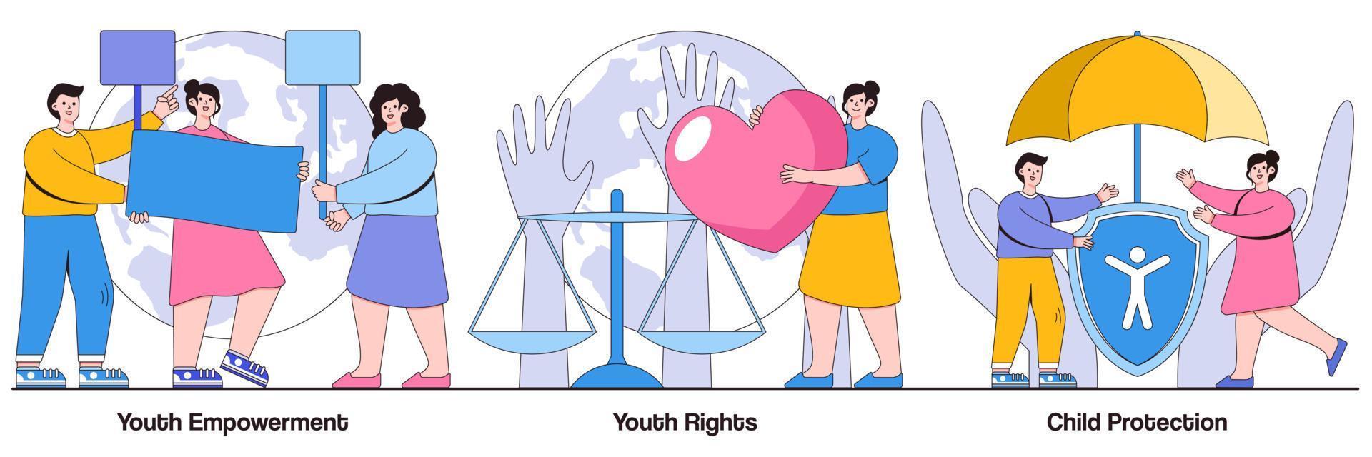 Pacchetto illustrato per la protezione dell'infanzia, l'emancipazione dei giovani e i diritti vettore