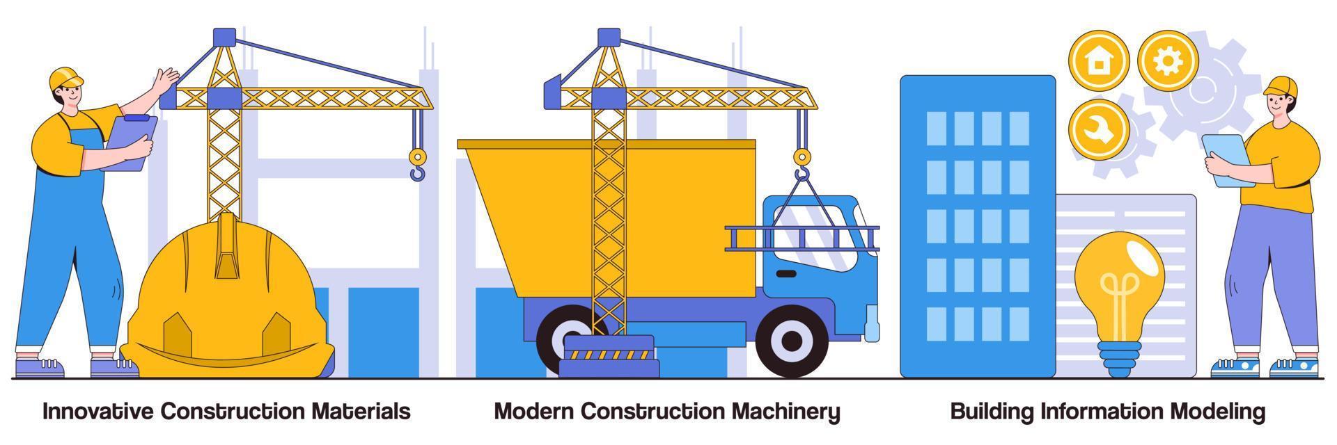 materiali da costruzione innovativi, macchinari moderni, modellazione di informazioni sulla costruzione con pacchetto di illustrazioni di personaggi di persone vettore