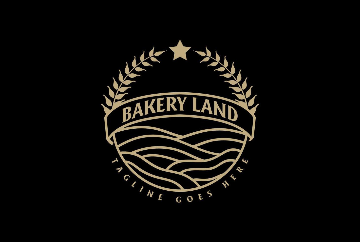 terra dorata con grano di riso o foglia di alloro per il design del logo dell'etichetta della torta da forno vettore
