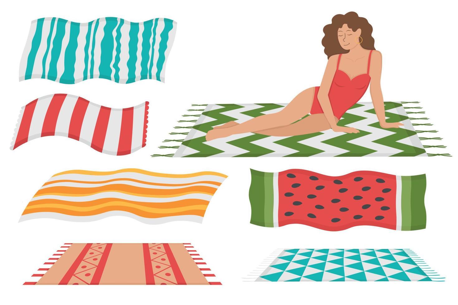 ragazza con un set di teli mare per prendere il sole. scarabocchio piatto clipart. tutti gli oggetti vengono ridipinti. vettore