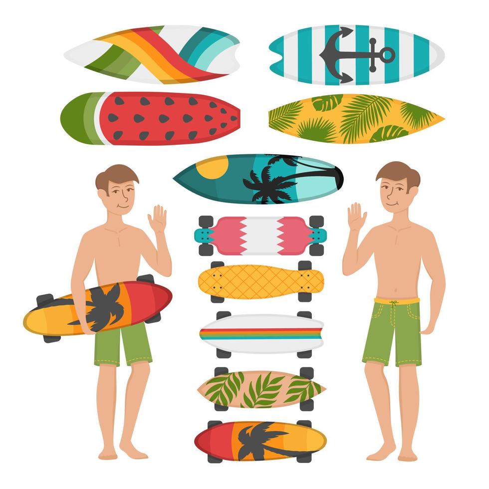 ragazzo con un set di skateboard e tavole da surf. clipart di doodle piatto. tutti gli oggetti vengono ridipinti. vettore