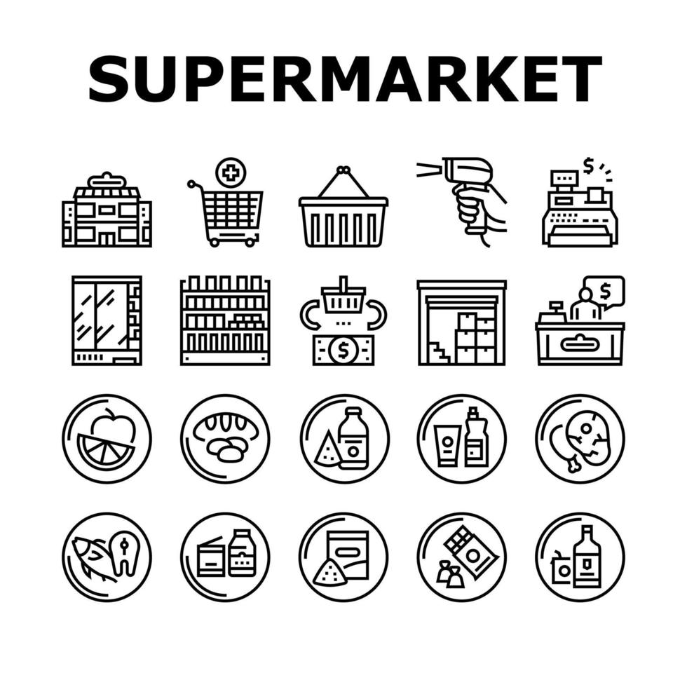 le icone della raccolta del negozio del supermercato hanno impostato le illustrazioni di vettore