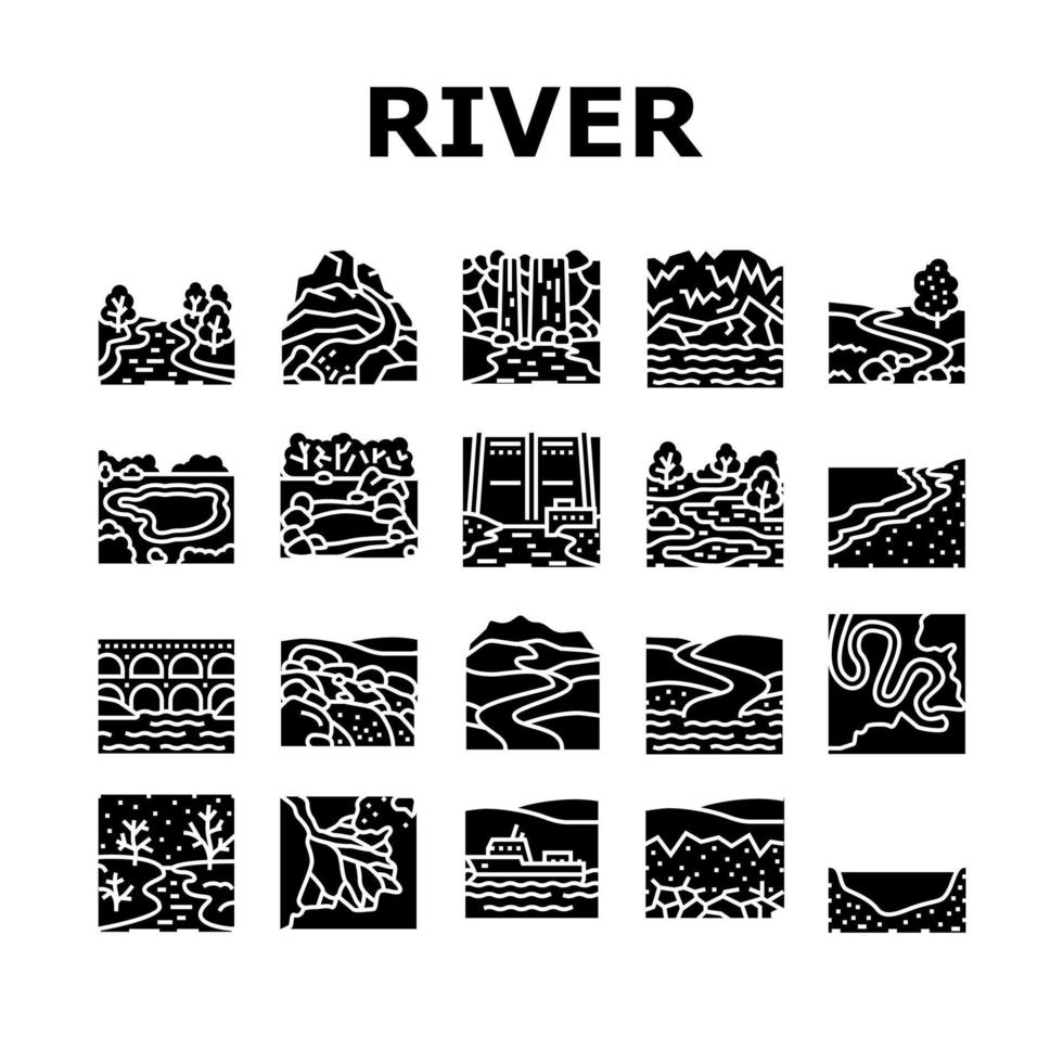 fiume e lago natura paesaggio icone set vettoriale