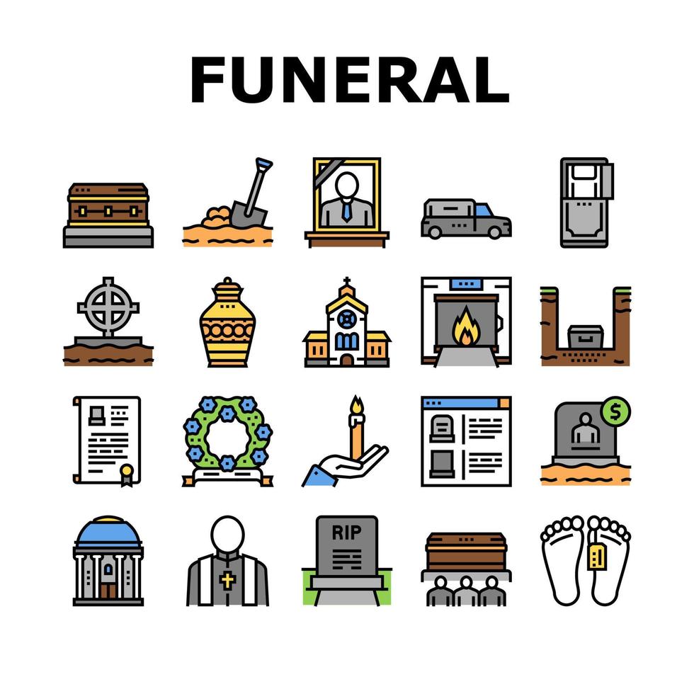 set di icone per la raccolta del servizio di sepoltura funebre vettore