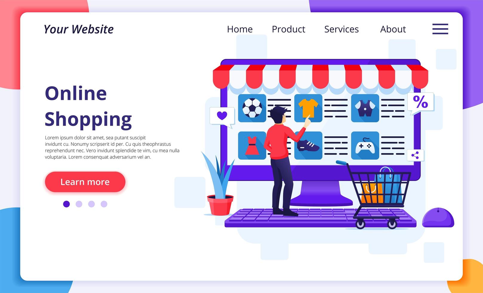 uomo che sceglie l'articolo landing page dello shopping online vettore