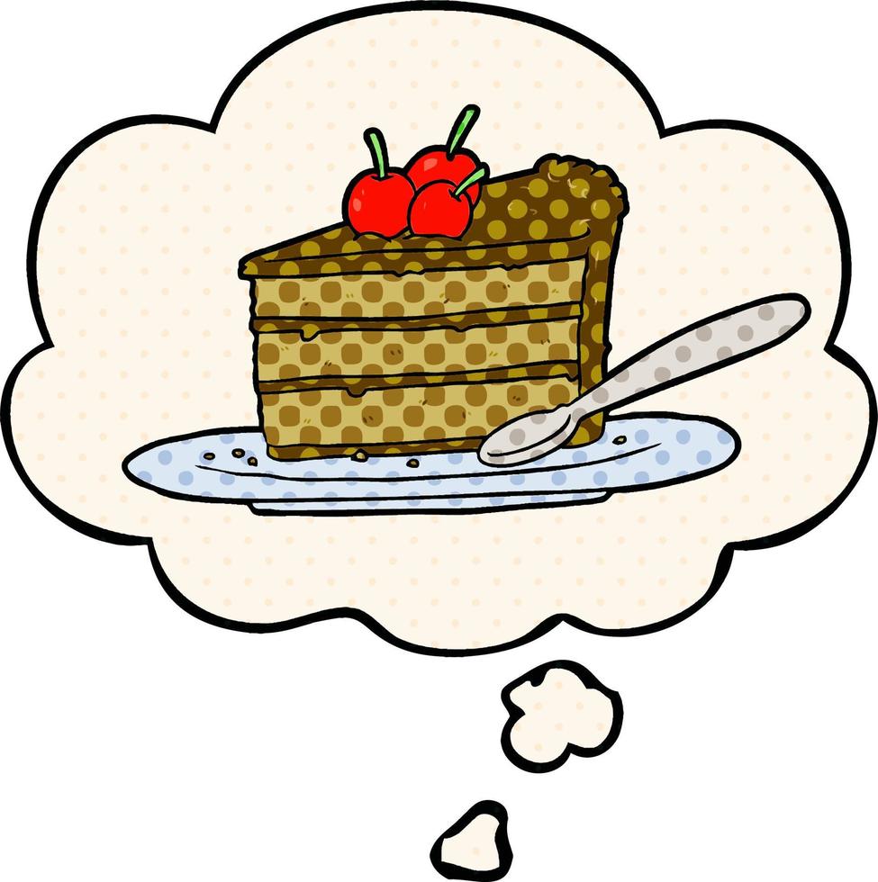 cartone animato torta al cioccolato e bolla di pensiero in stile fumetto vettore