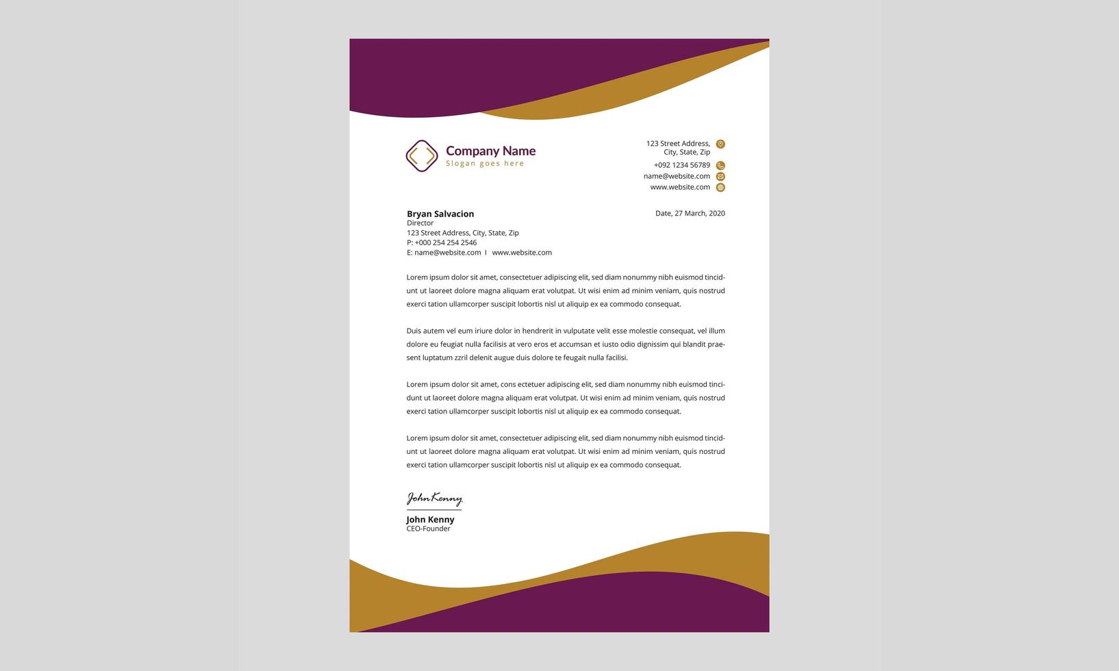 carta intestata design onda viola e oro vettore