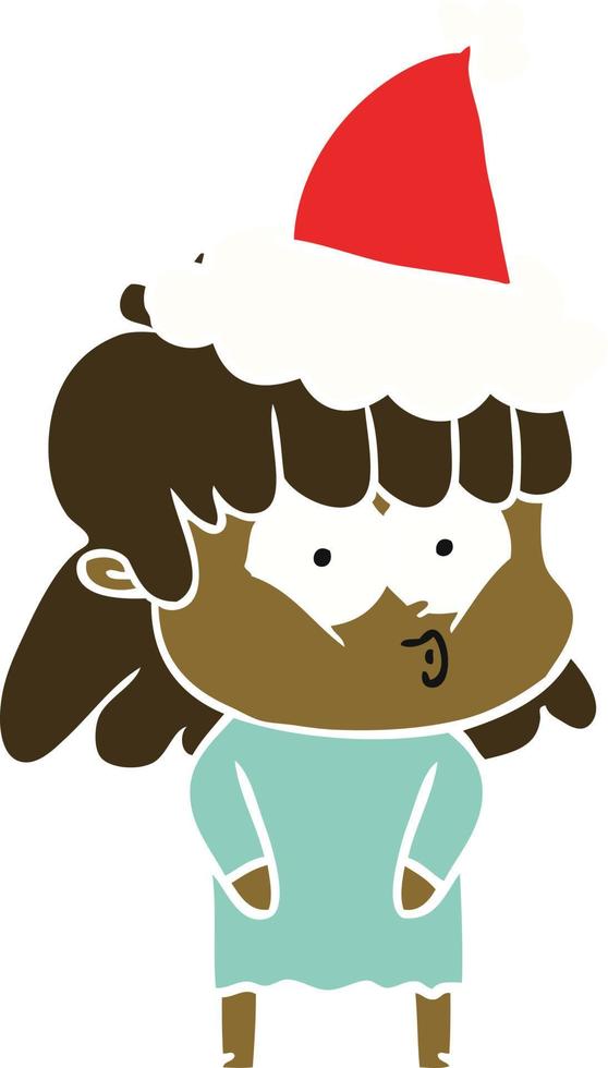 illustrazione a colori piatta di una ragazza che fischietta che indossa un cappello da Babbo Natale vettore