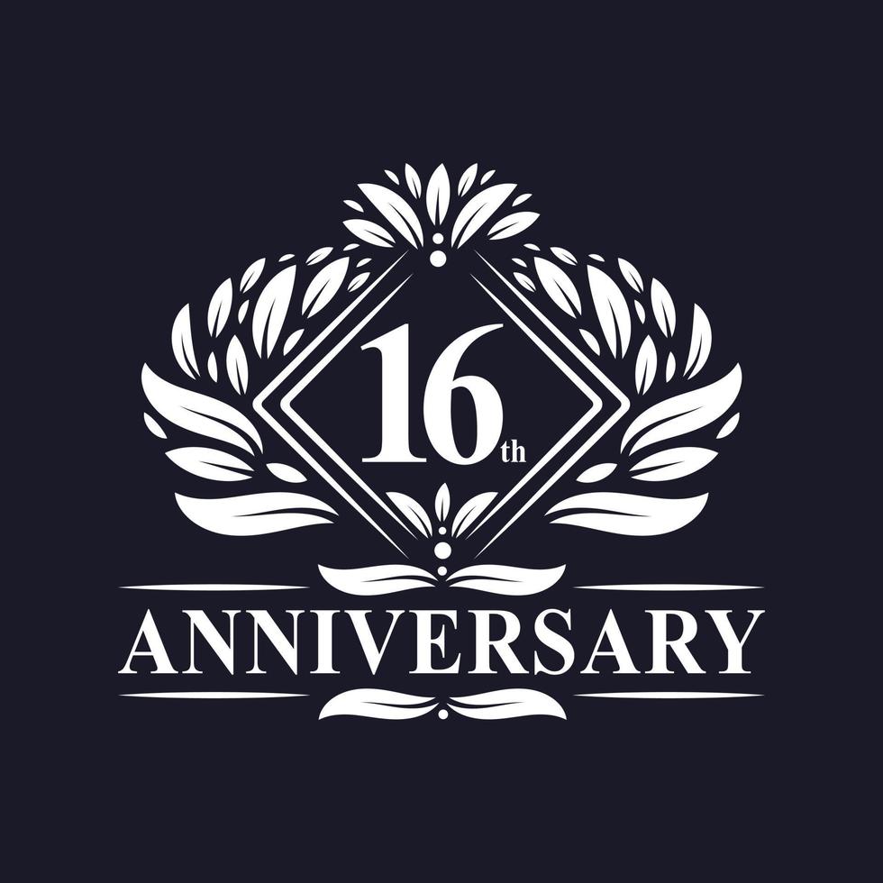 Logo dell'anniversario di 16 anni, logo floreale di lusso del 16° anniversario. vettore