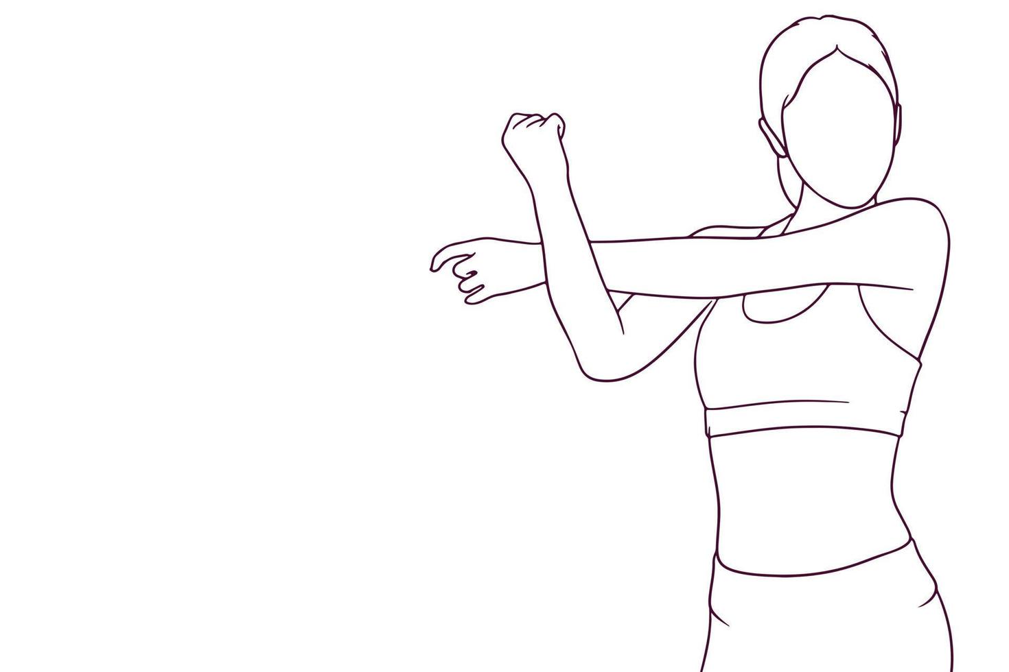 donna in tuta fitness che allunga l'illustrazione disegnata a mano di vettore di stile