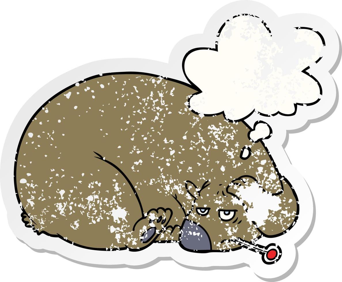 orso cartone animato con mal di testa e bolla di pensiero come adesivo consumato in difficoltà vettore
