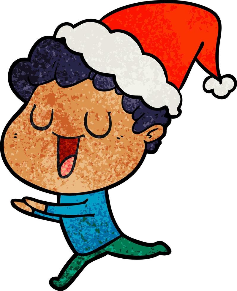 ridendo cartone animato strutturato di un uomo che corre con indosso il cappello di Babbo Natale vettore