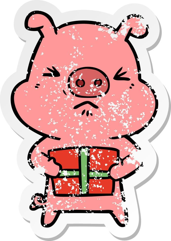 adesivo angosciato di un maiale arrabbiato cartone animato con regalo di Natale vettore