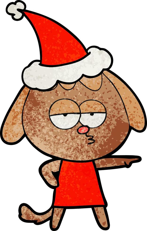 cartone animato testurizzato di un cane annoiato che indossa il cappello di Babbo Natale vettore