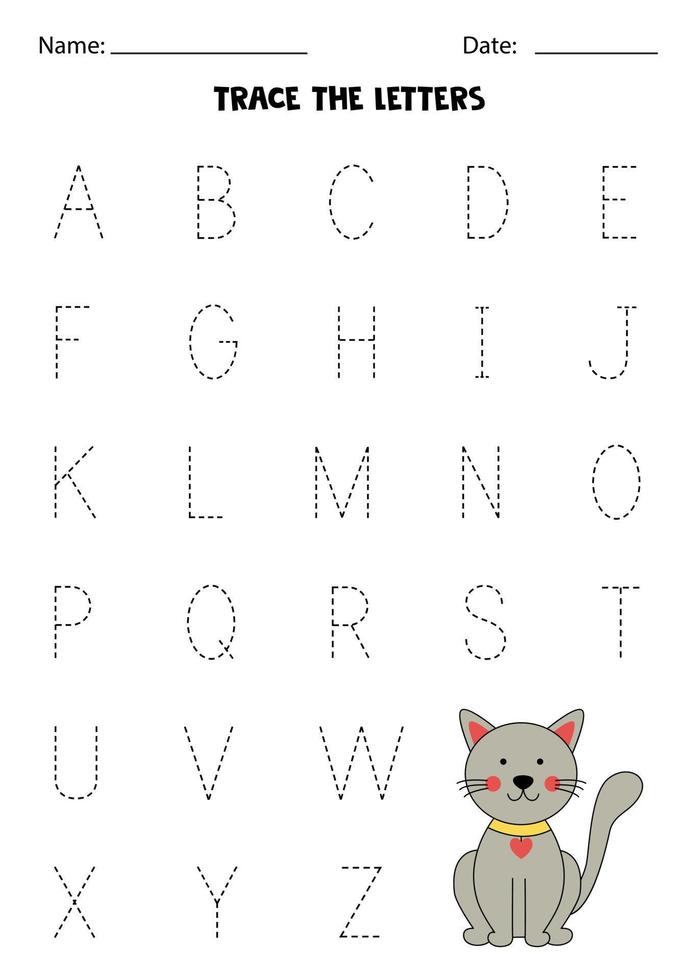 foglio di lavoro con gatto carino. traccia lettere maiuscole dell'alfabeto. vettore