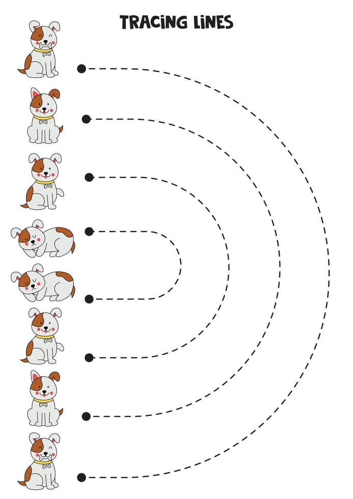 linee di tracciamento per bambini. cani carini. Pratica di scrittura. vettore