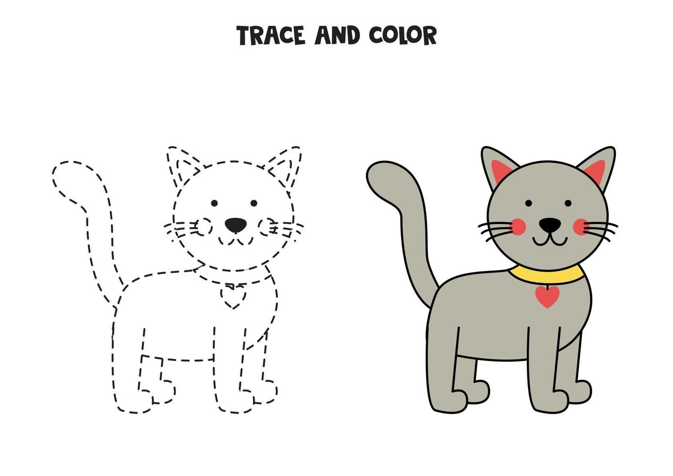 traccia e colora un simpatico gatto grigio. foglio di lavoro per bambini. vettore