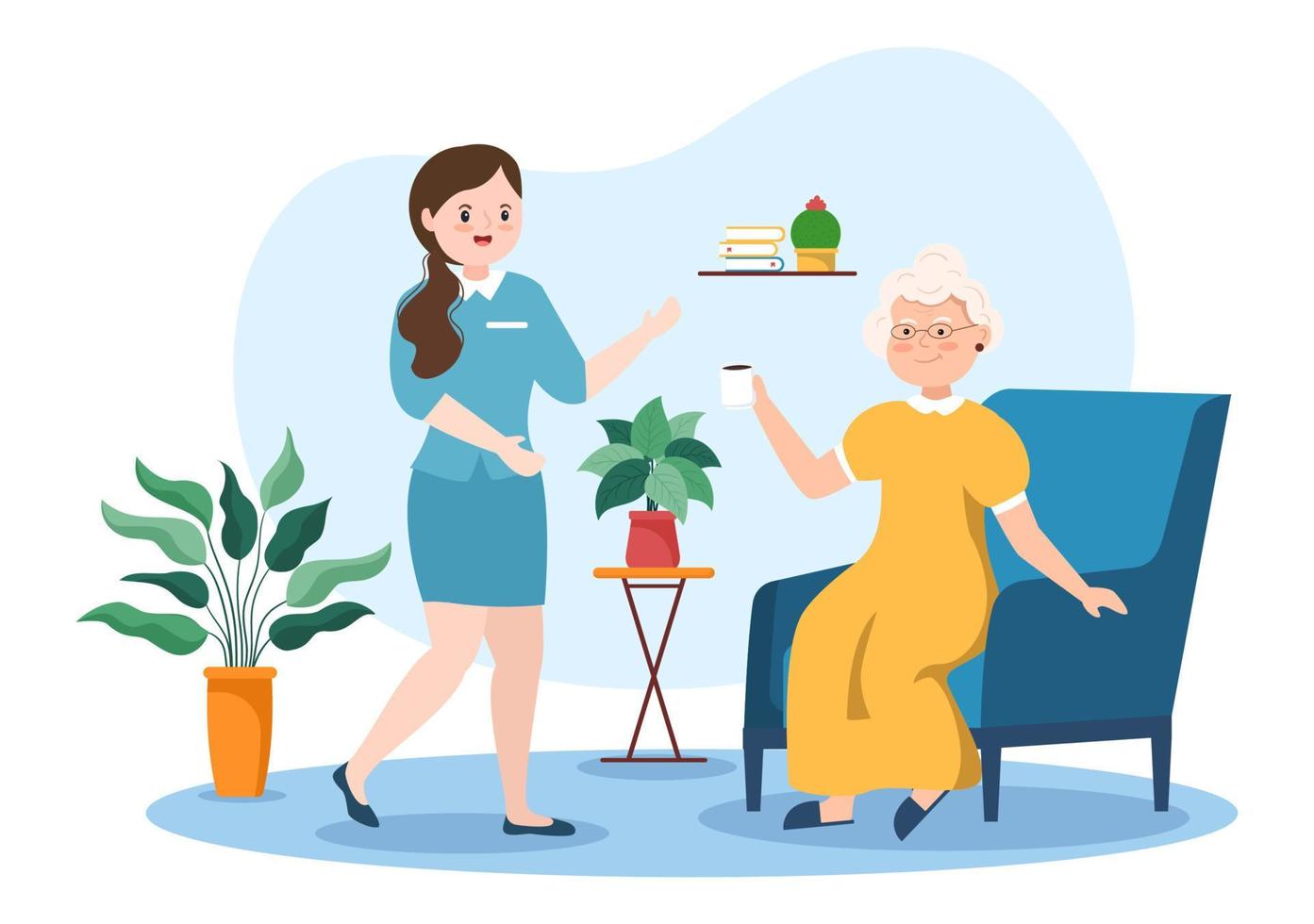illustrazione piatta del fumetto disegnato a mano dei servizi di assistenza agli anziani con il caregiver, la casa di cura, la vita assistita e il design di supporto vettore
