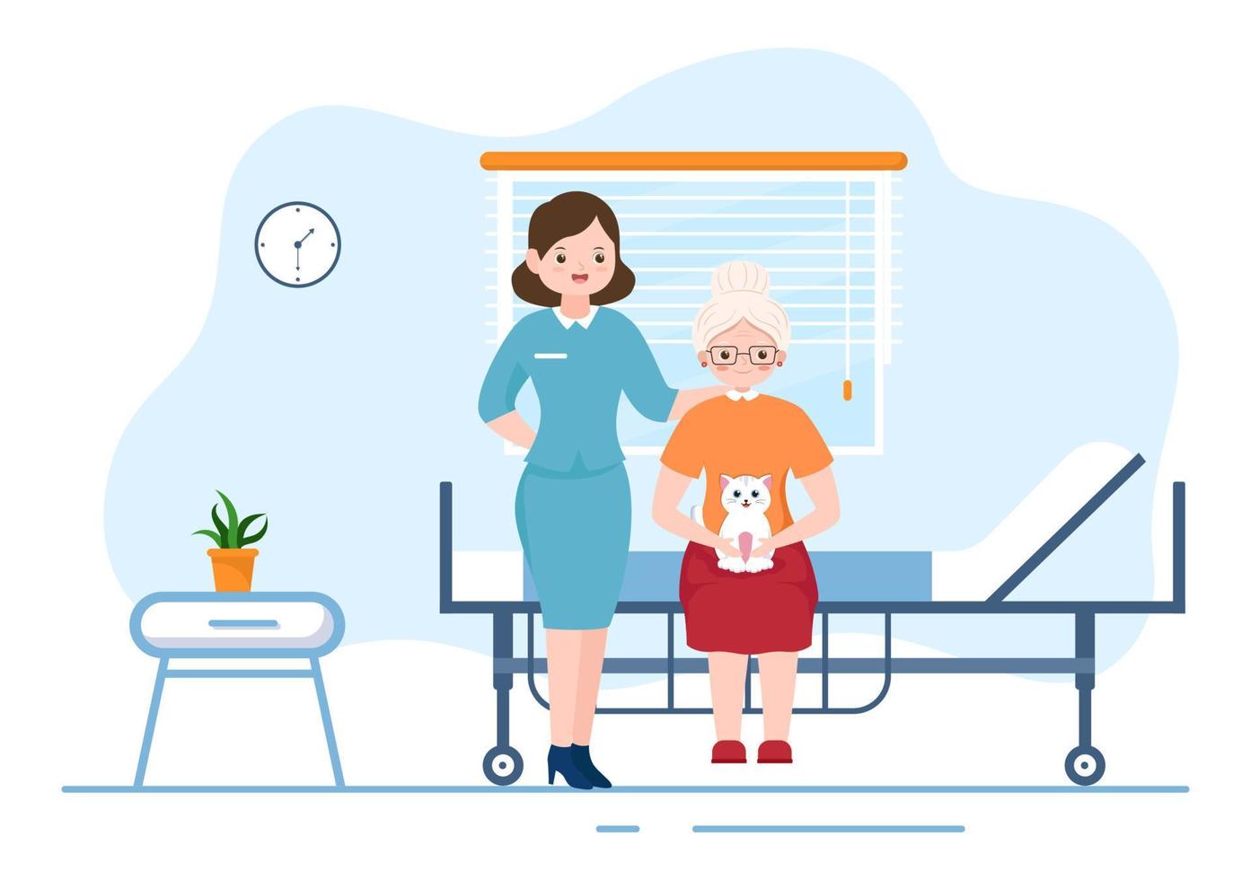 illustrazione piatta del fumetto disegnato a mano dei servizi di assistenza agli anziani con il caregiver, la casa di cura, la vita assistita e il design di supporto vettore